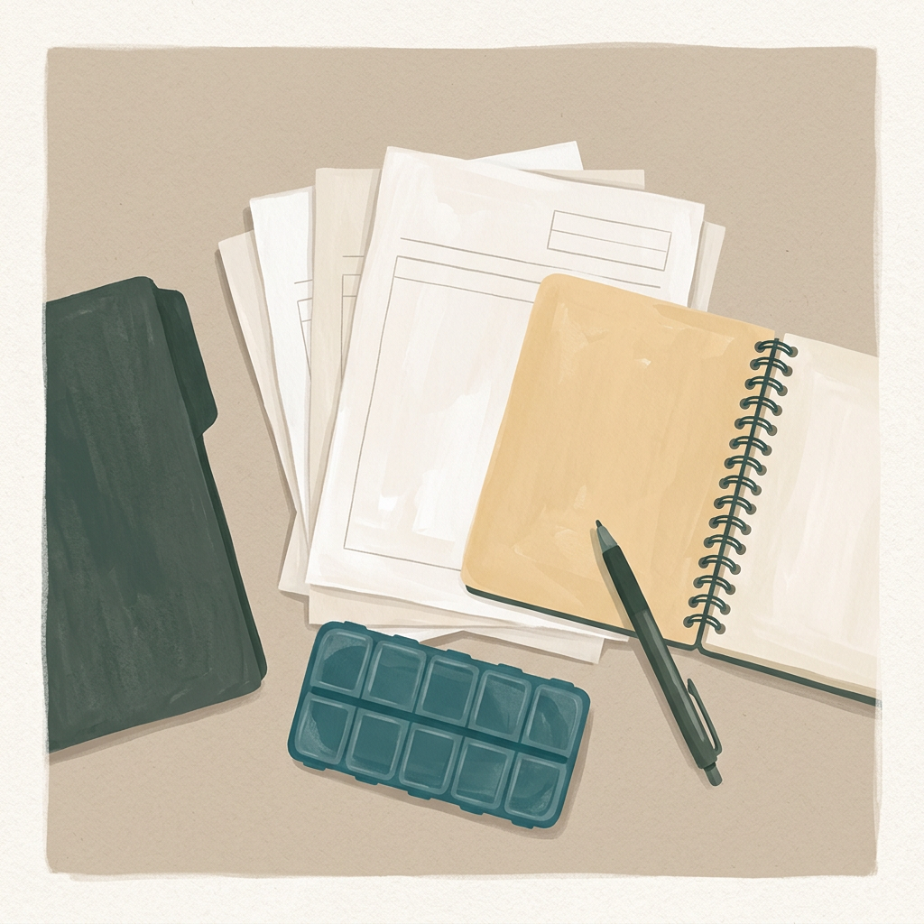 Sur une table, une chemise sombre, des feuilles de résultats, un carnet à spirale avec un stylo et un pilulier.